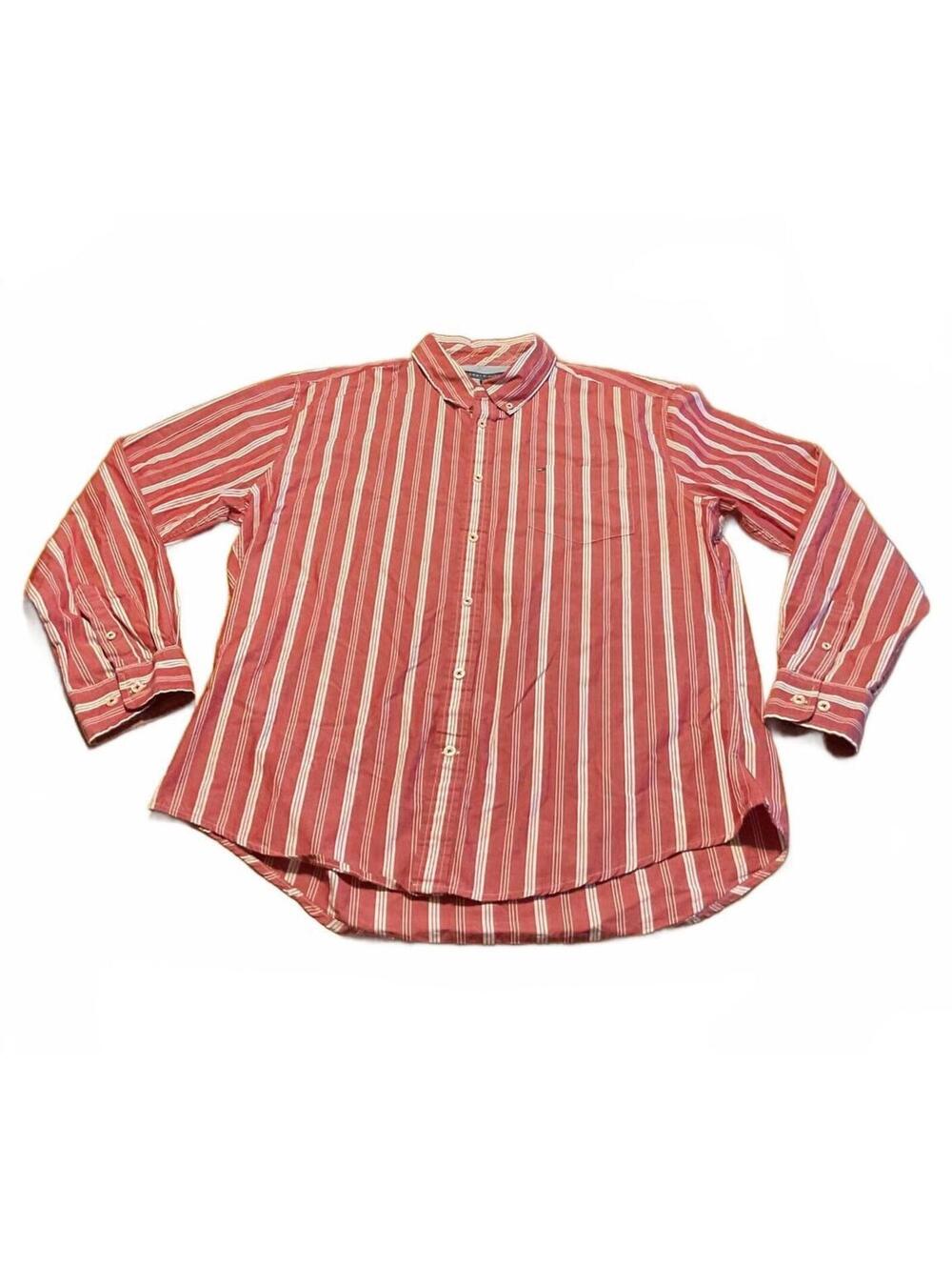 Tommy Hilfiger red striped long sleeve custom fit button up dress shirt, Size XL